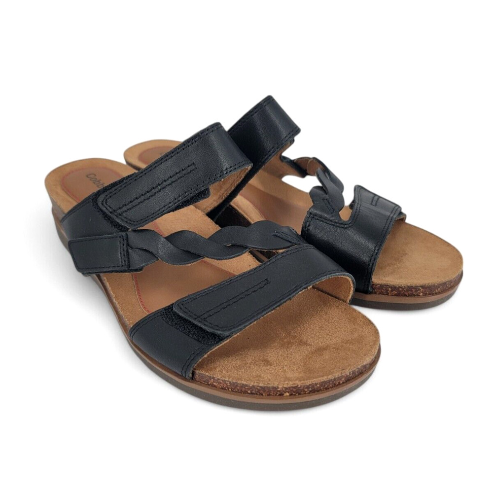 Cobb Hill Leather Comfort Sandals 8.5 Black‎ Adjustable Cork Footbed Minimalist